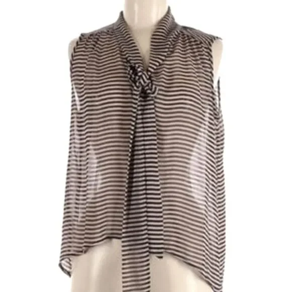 Women's Paper Crane Sheer Striped Relaxed Hi-Lo Tie Blouse - Picture 1 of 8